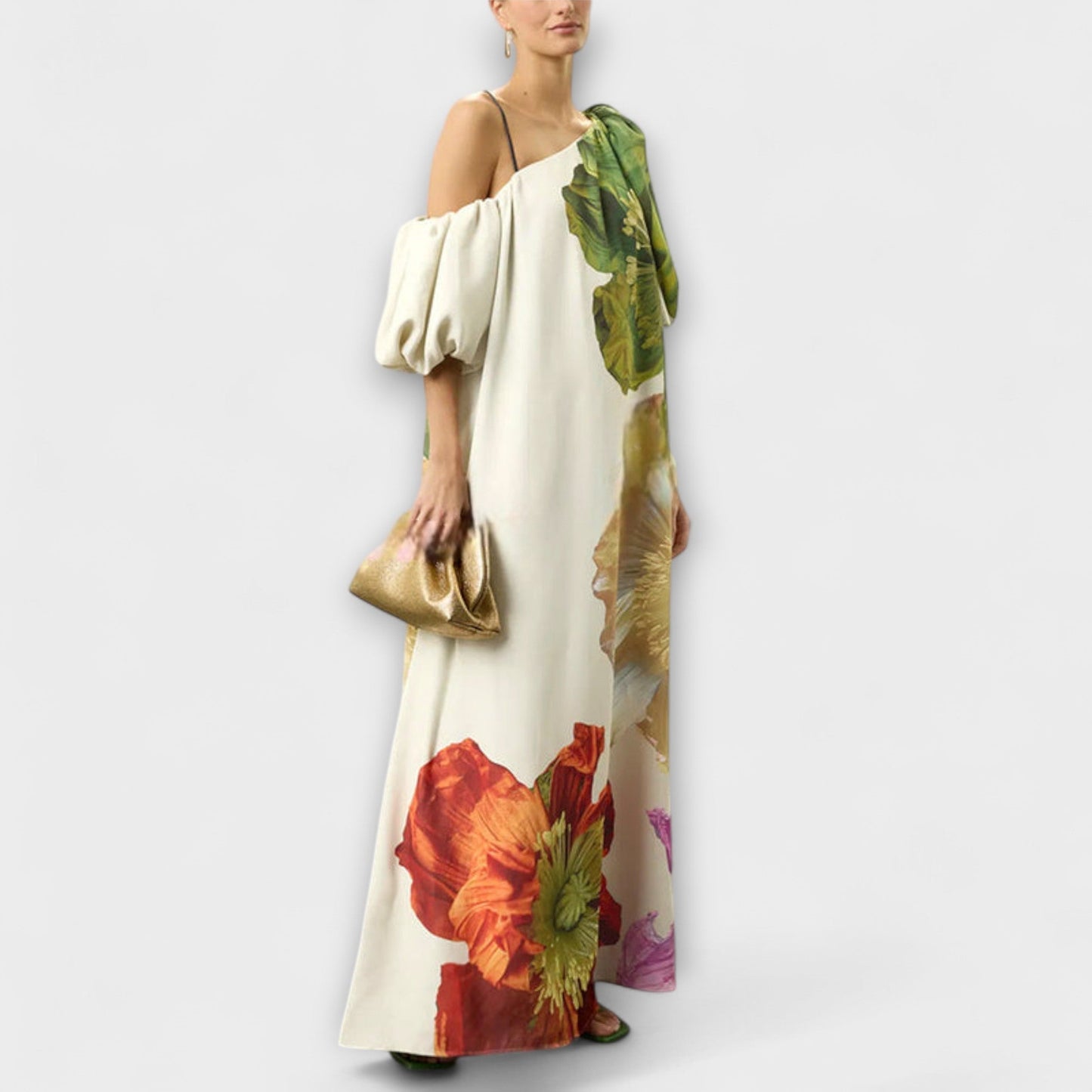 Sabina - Maxikleid mit Blumendruck, schrägem Kragen und Puffärmeln 