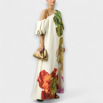 Sabina - Maxikleid mit Blumendruck, schrägem Kragen und Puffärmeln 