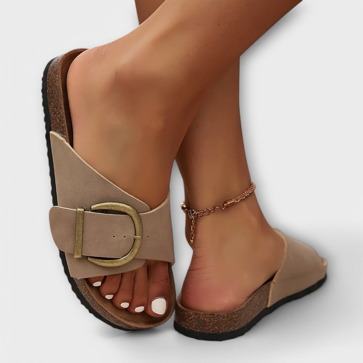 Nanni - Damen Kork Pantoletten mit Schnallenriemen Design
