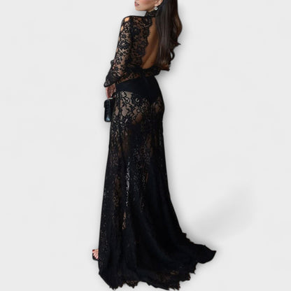 Romy - Midnight Elegance Transparentes Cutout Langarm-Stretch-Maxikleid 