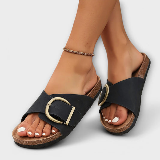Nanni - Damen Kork Pantoletten mit Schnallenriemen Design