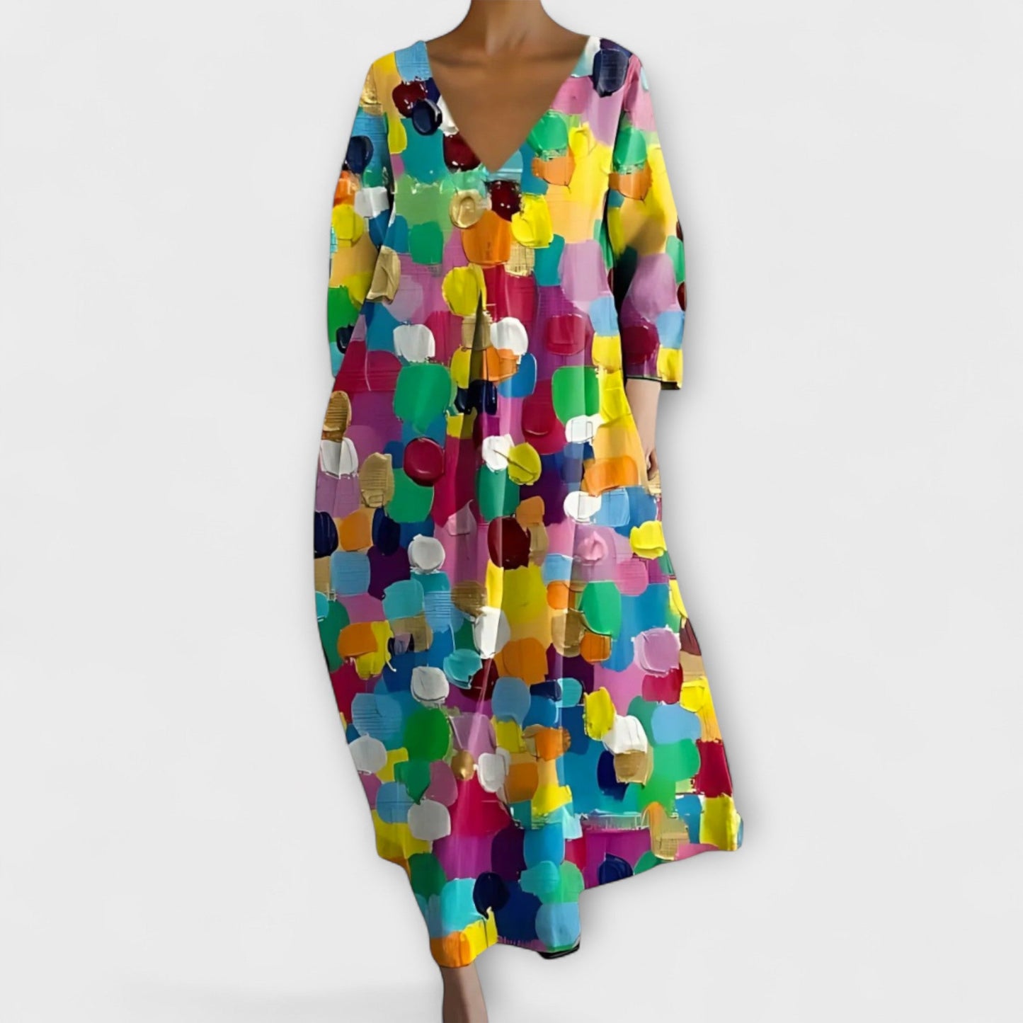 Melinda - Langes, hergestellt aus Kleid mit V-Ausschnitt