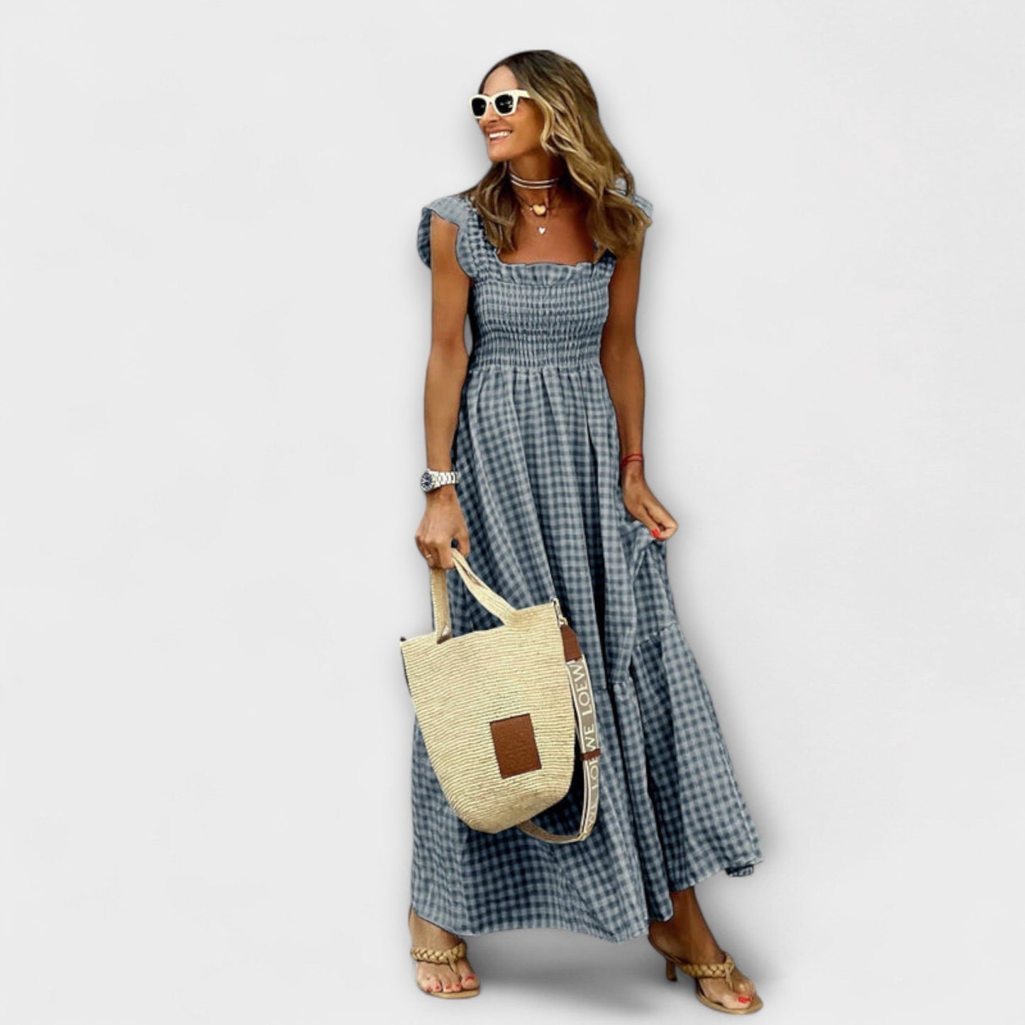 Milena - Maxikleid mit gerafften Karo-Rüschensäumen 