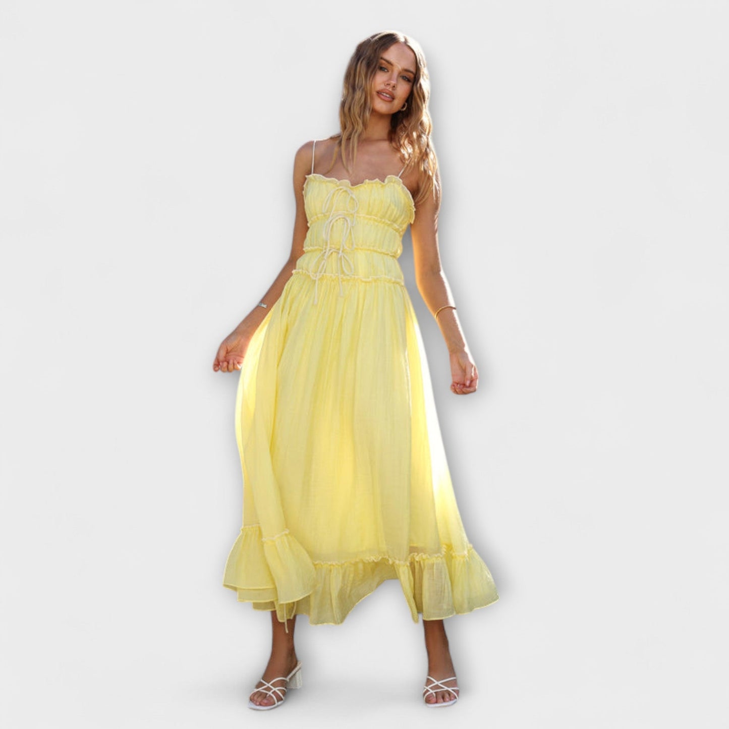 Margit - Rüschengesäumtes ärmelloses Midikleid