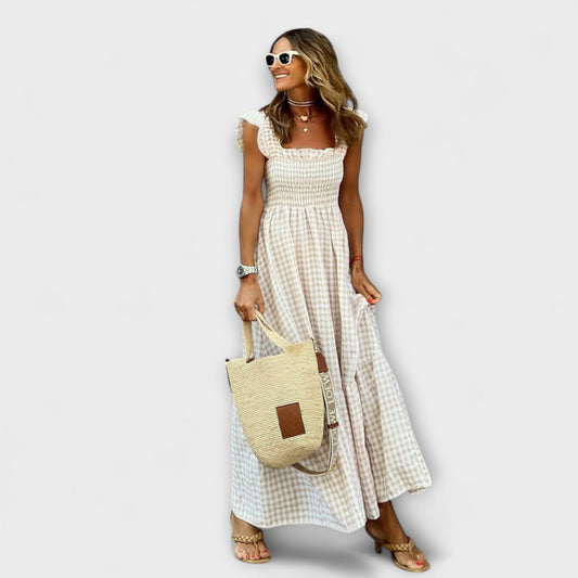 Milena - Maxikleid mit gerafften Karo-Rüschensäumen 