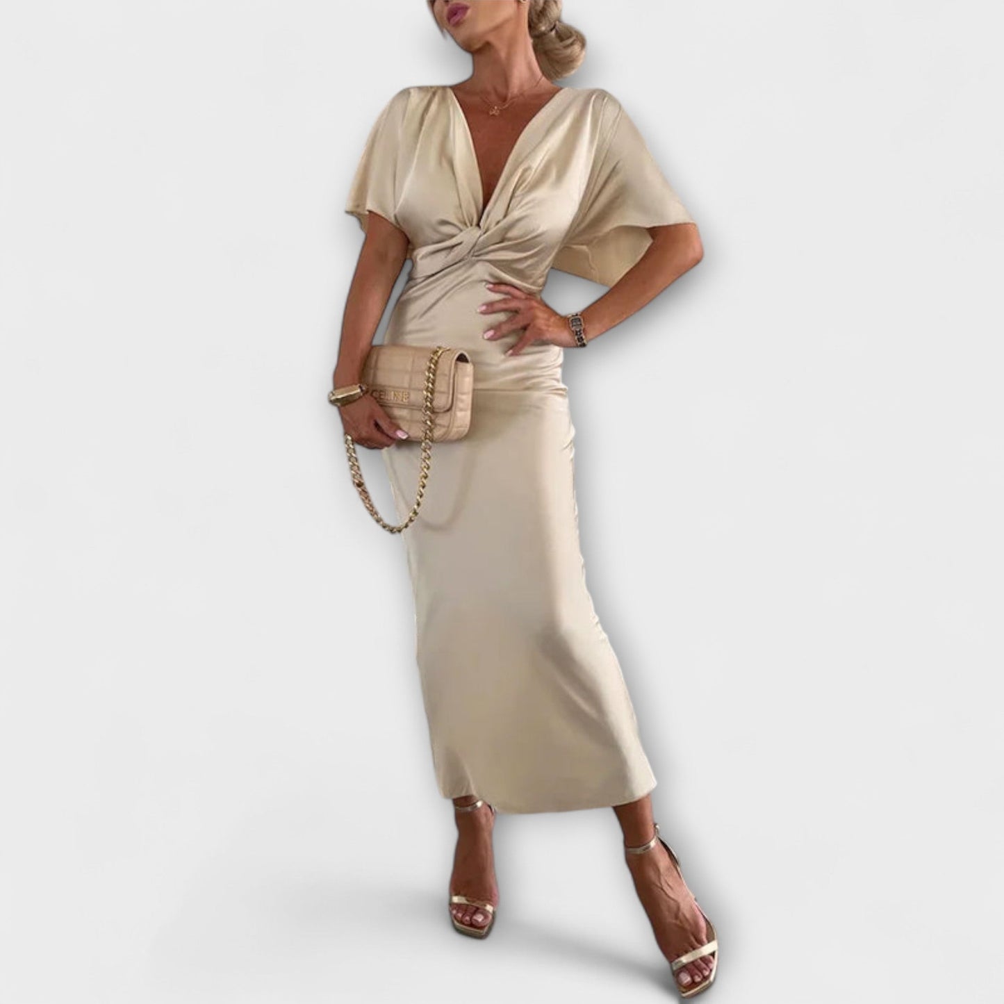 Simone - Solides Satin V-Ausschnitt Kreuzknoten Slim Fit Maxi Kleid 
