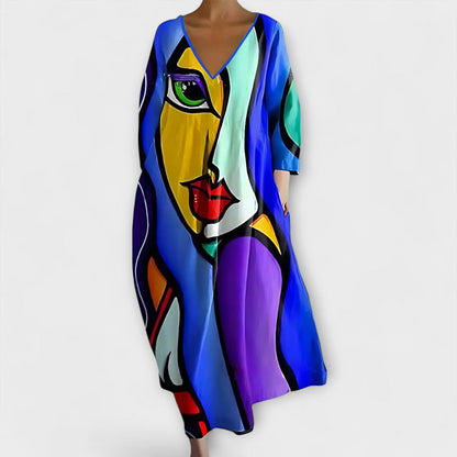 Melinda - Langes, hergestellt aus Kleid mit V-Ausschnitt