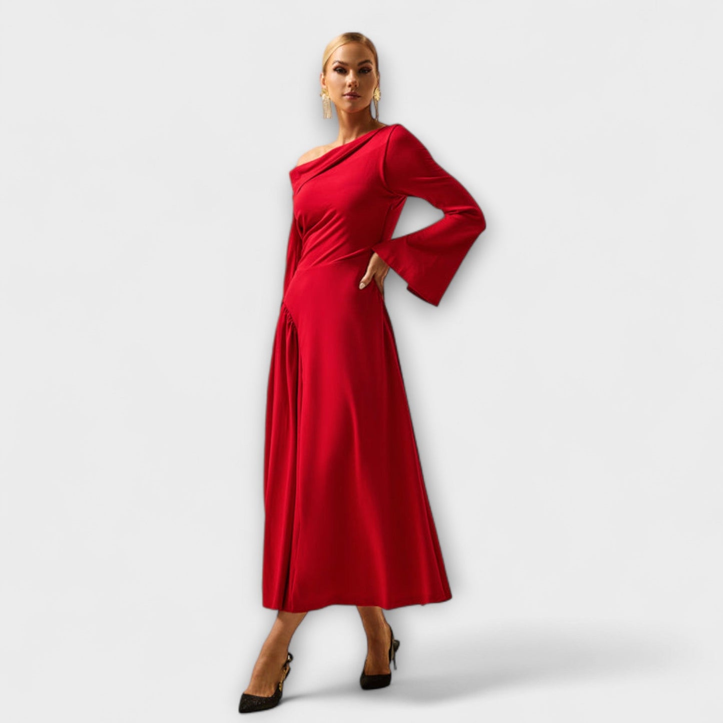 Amelie - Off-Shoulder Midi-Kleid mit gerafften Ballärmeln 