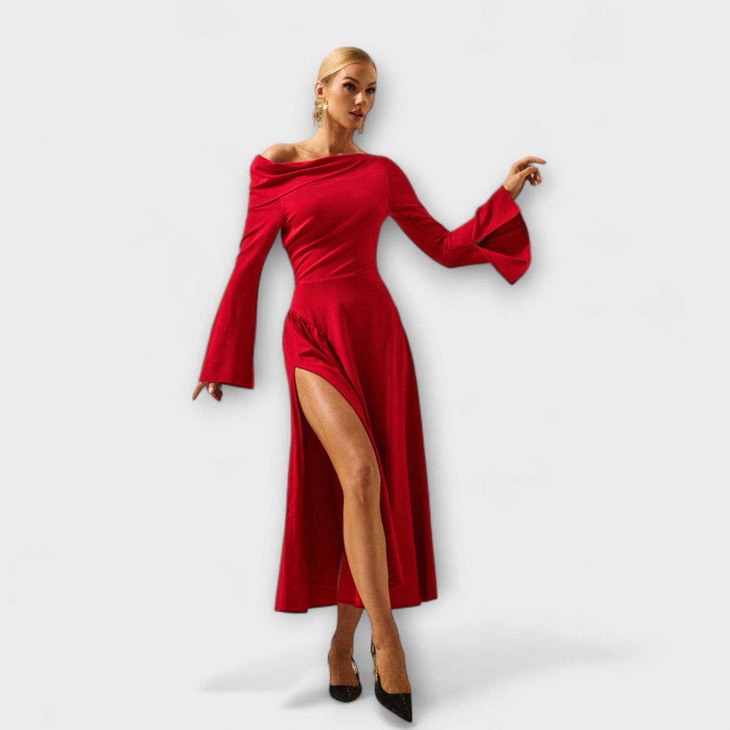 Amelie - Off-Shoulder Midi-Kleid mit gerafften Ballärmeln 
