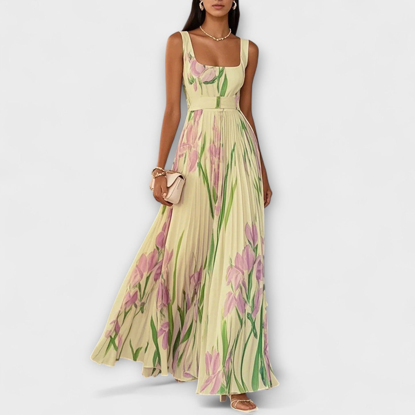 Jenny - Gefaltetes florales Chiffon Maxikleid 