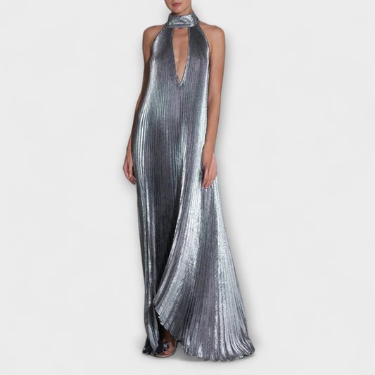 Monika - Metallic Falten A-Linie Maxikleid 