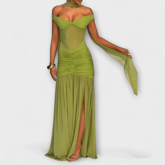 Leokadia - Olivfarbenes V-Ausschnitt Maxikleid 