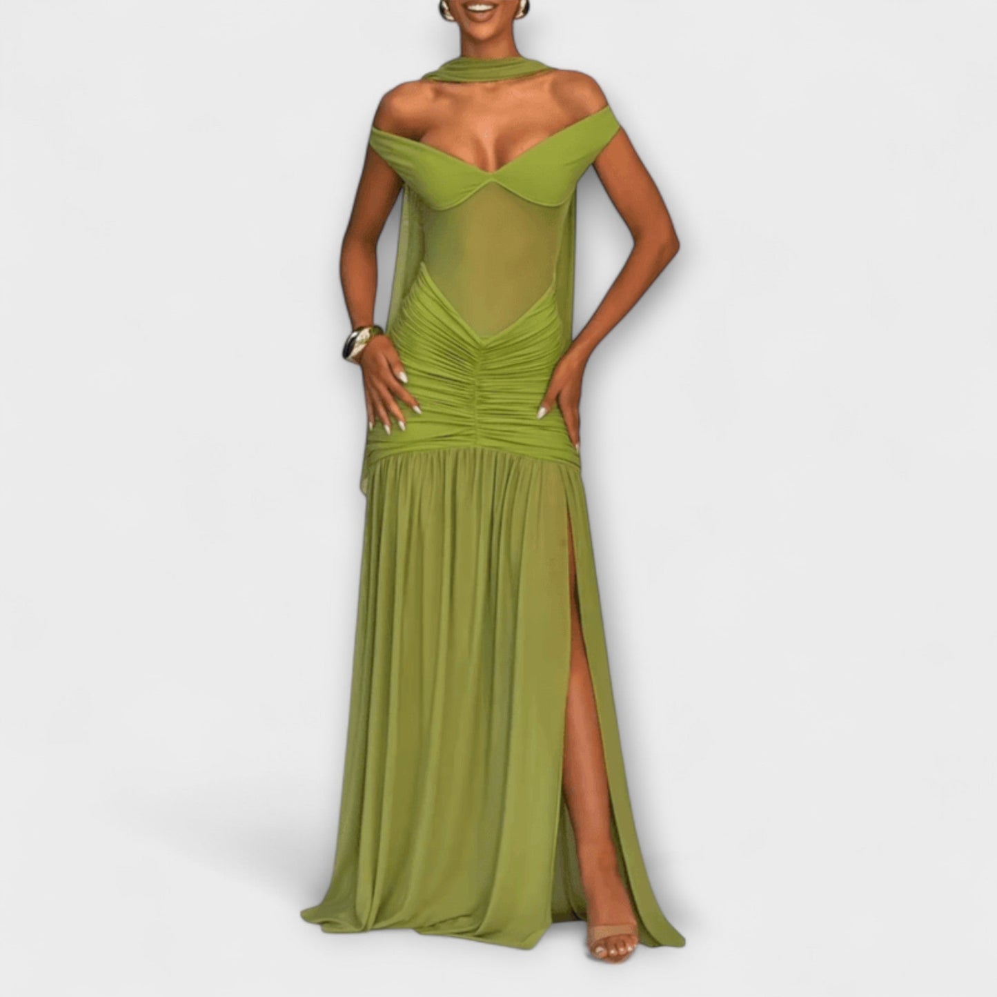 Leokadia - Olivfarbenes V-Ausschnitt Maxikleid 