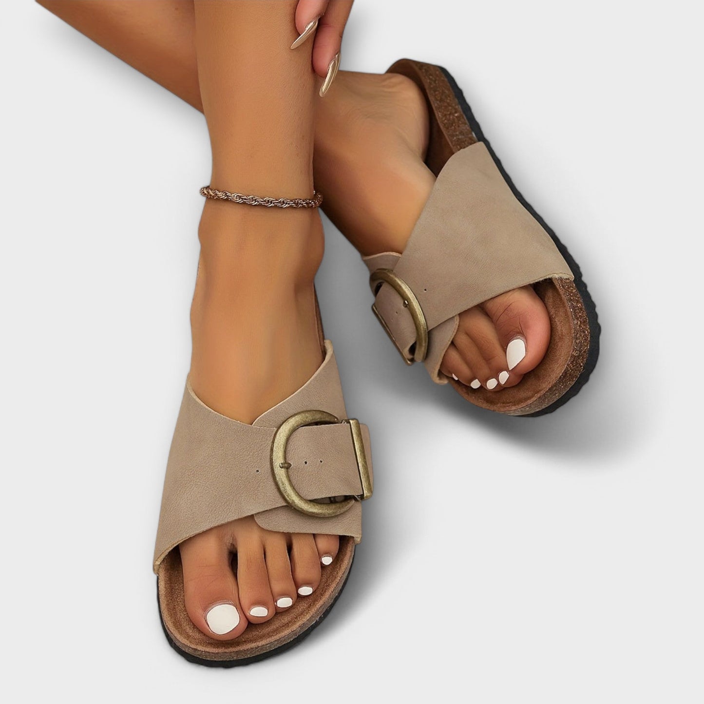 Nanni - Damen Kork Pantoletten mit Schnallenriemen Design