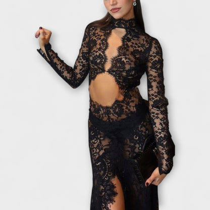 Romy - Midnight Elegance Transparentes Cutout Langarm-Stretch-Maxikleid 