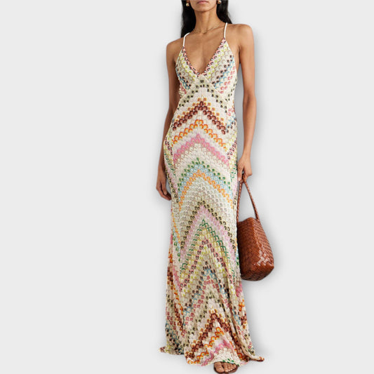 Patricia - Missoni Buntes Fischgrätenmuster Maxikleid 
