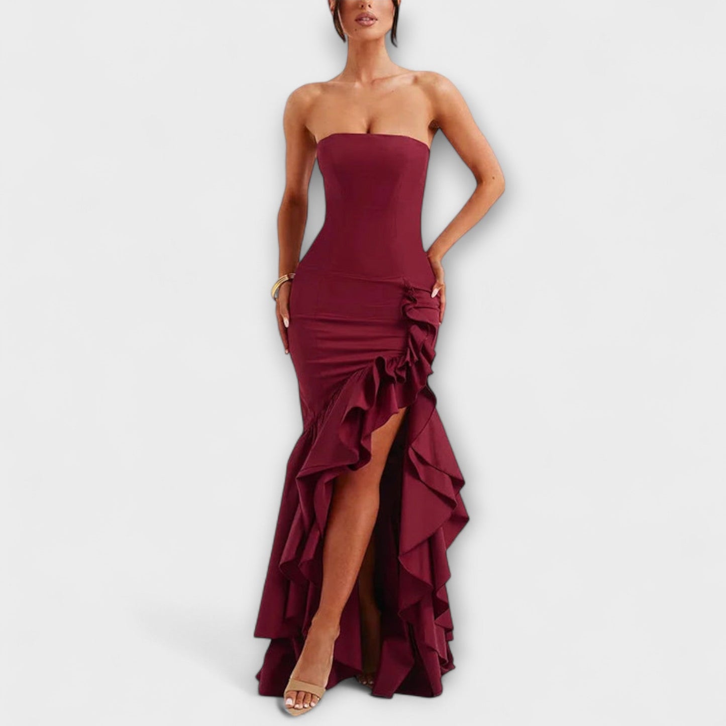Ulla - Off-Shoulder Slim Fit Maxikleid mit asymmetrischer Taille 