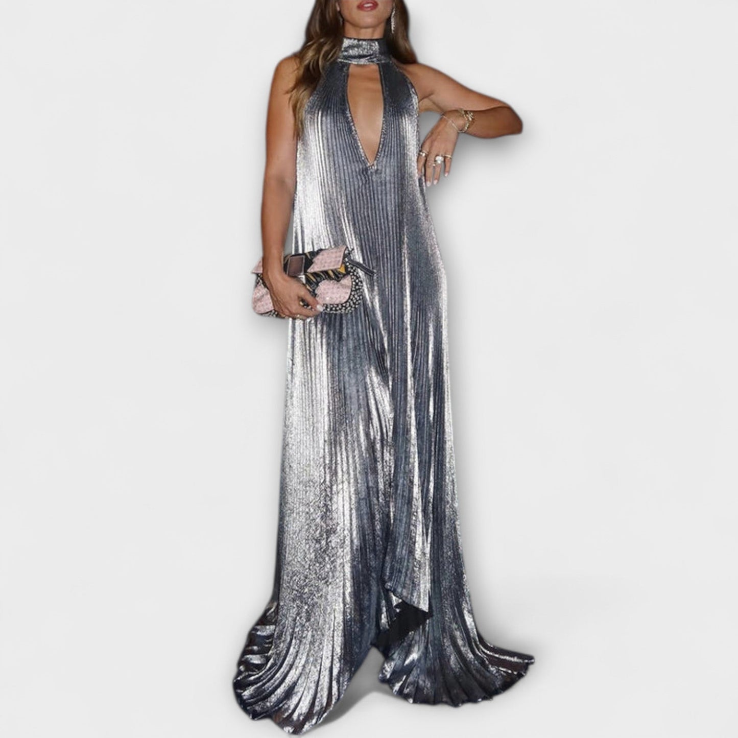 Monika - Metallic Falten A-Linie Maxikleid 