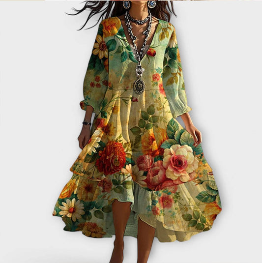 Christel - Vintage Boho Blumenmuster V-Ausschnitt Kleid 