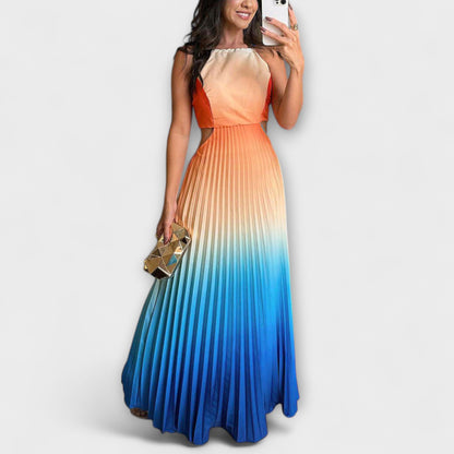 Friedel - Schickes Rückfreies Krawatten-Gradient Faltenmaxikleid 