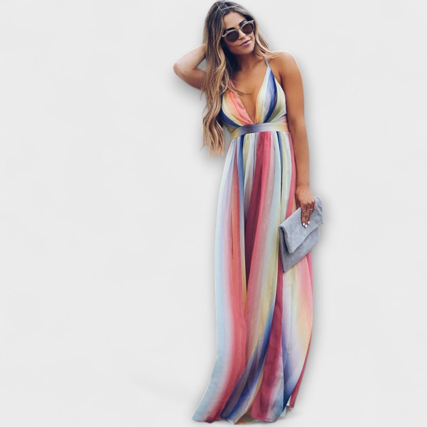 Florence - Mehrfarbig gestreiftes Damenkleid mit V-Ausschnitt 