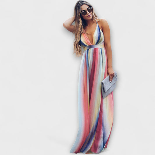Florence - Mehrfarbig gestreiftes Damenkleid mit V-Ausschnitt 