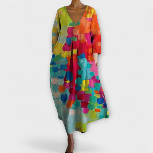 Melinda - Langes, hergestellt aus Kleid mit V-Ausschnitt