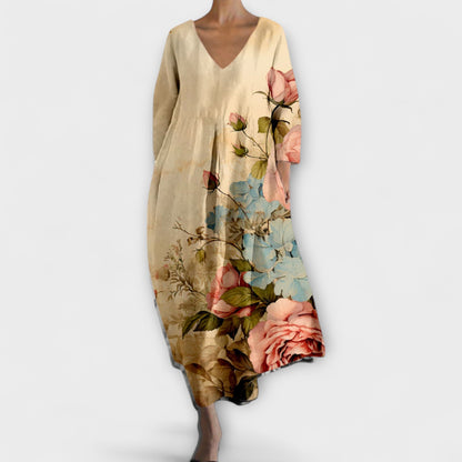 Melinda - Langes, hergestellt aus Kleid mit V-Ausschnitt