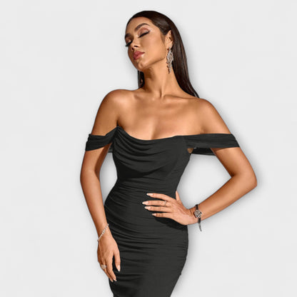 Waltraud - Off-Shoulder Raffung Bodycon Kleid 