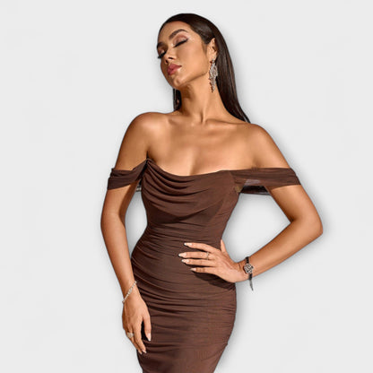 Waltraud - Off-Shoulder Raffung Bodycon Kleid 