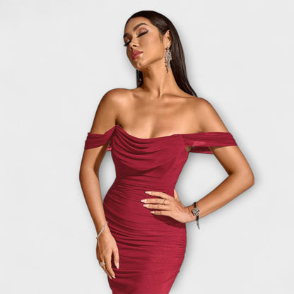Waltraud - Off-Shoulder Raffung Bodycon Kleid 