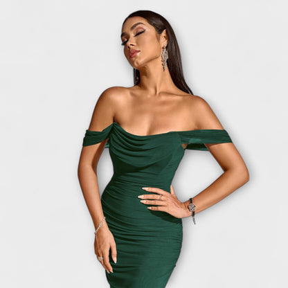 Waltraud - Off-Shoulder Raffung Bodycon Kleid 
