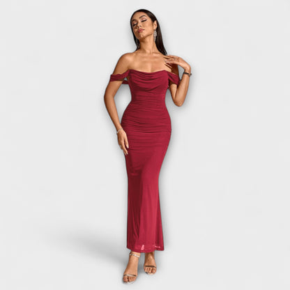 Waltraud - Off-Shoulder Raffung Bodycon Kleid 