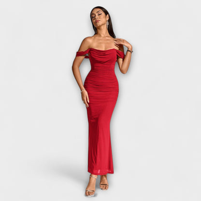 Waltraud - Off-Shoulder Raffung Bodycon Kleid 
