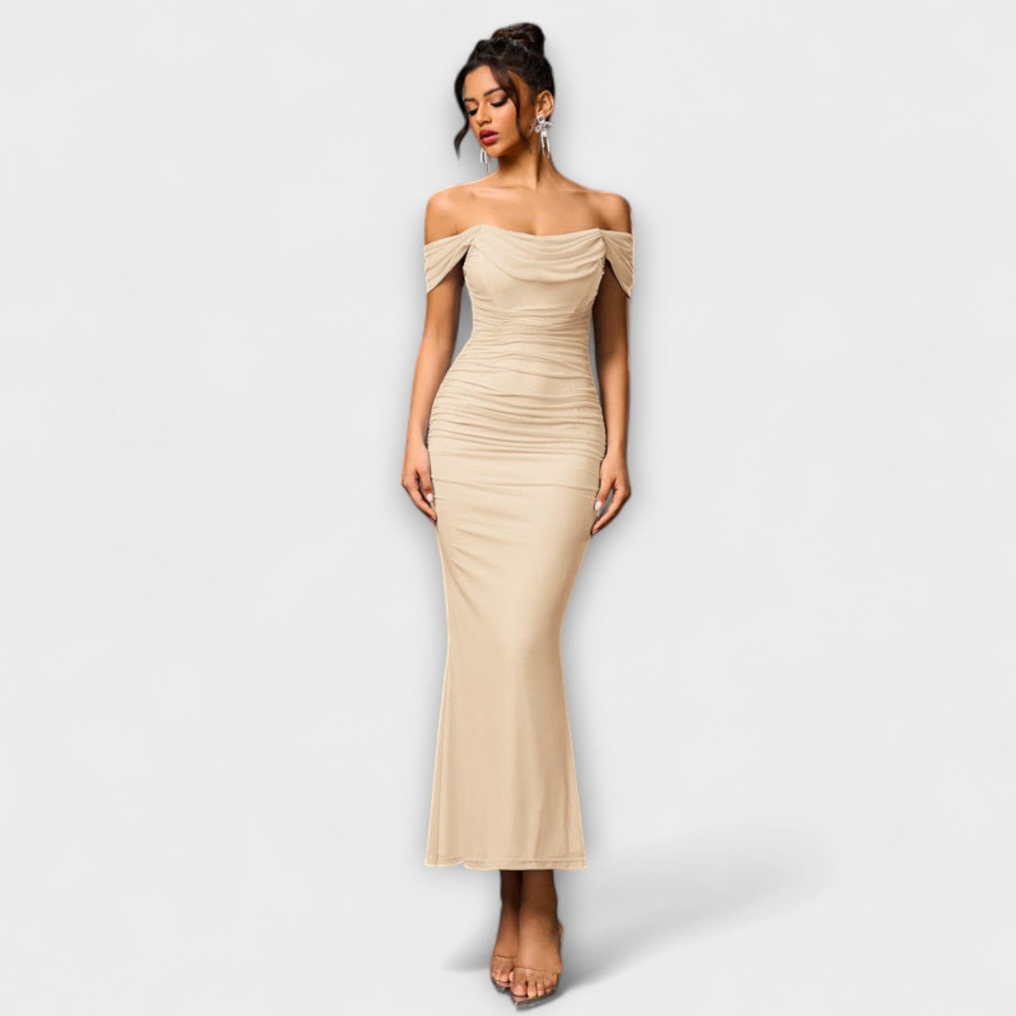 Waltraud - Off-Shoulder Raffung Bodycon Kleid 