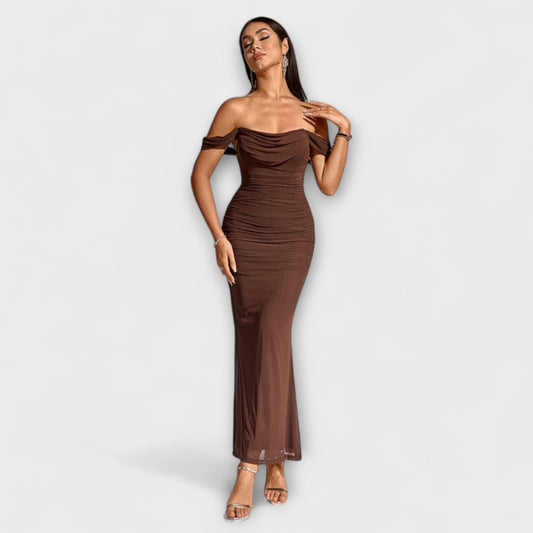 Waltraud - Off-Shoulder Raffung Bodycon Kleid 