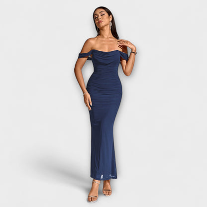 Waltraud - Off-Shoulder Raffung Bodycon Kleid 