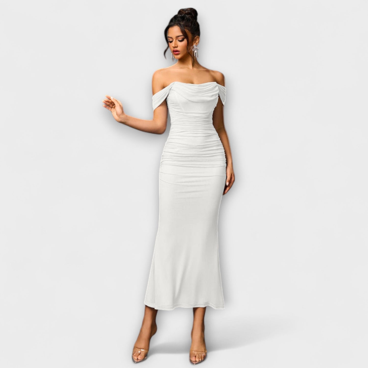 Waltraud - Off-Shoulder Raffung Bodycon Kleid 