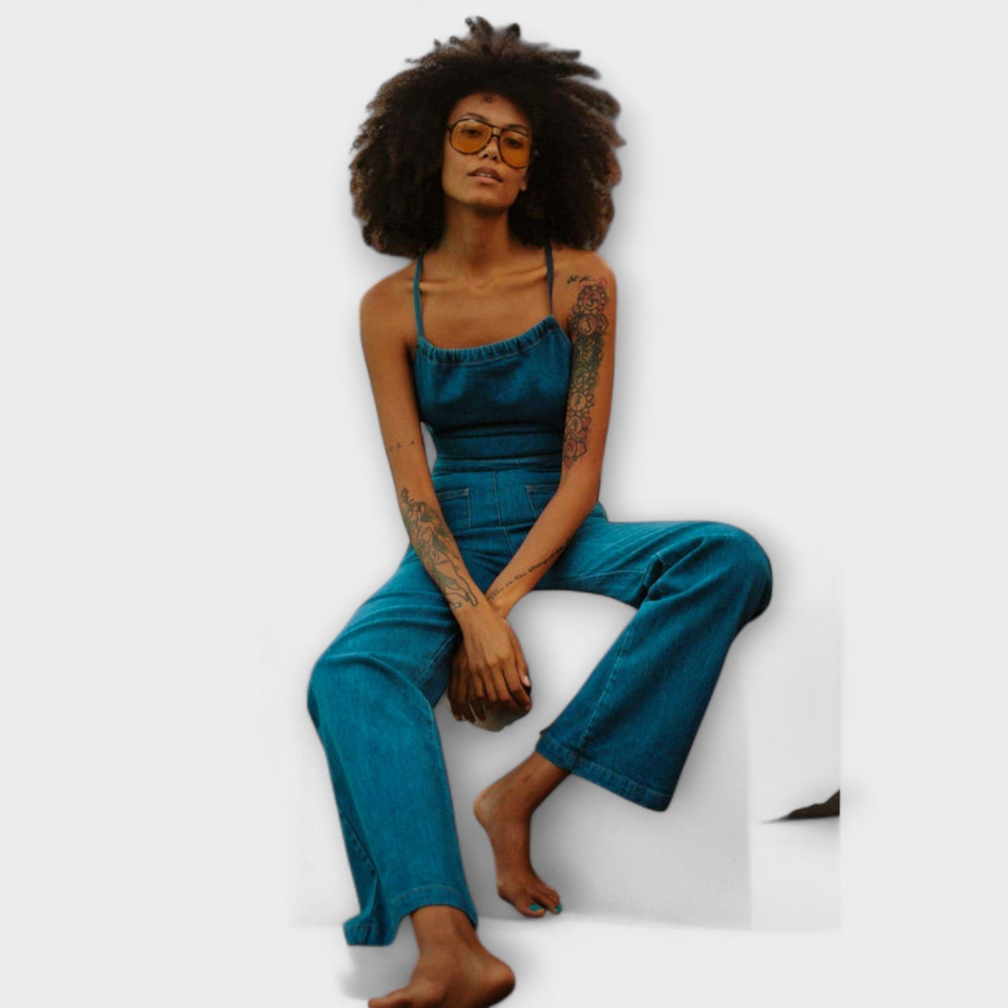 Minka – Weit geschnittener Jeans-Jumpsuit mit Taillenband