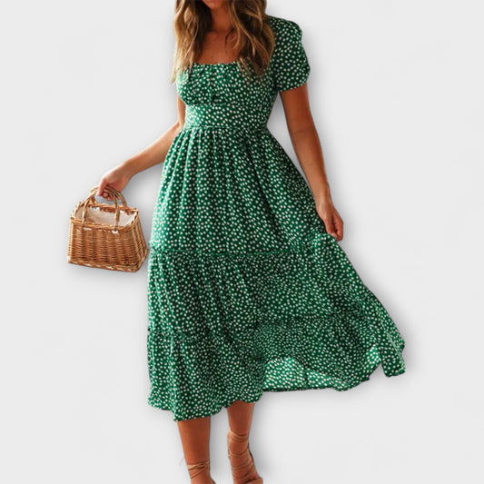 Franka - Vintage Blumenmuster Puffärmel Maxikleid 