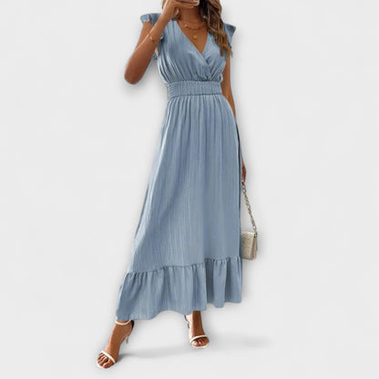 Klara - Maxikleid mit geüschten Ärmeln und tiefem V-Ausschnitt