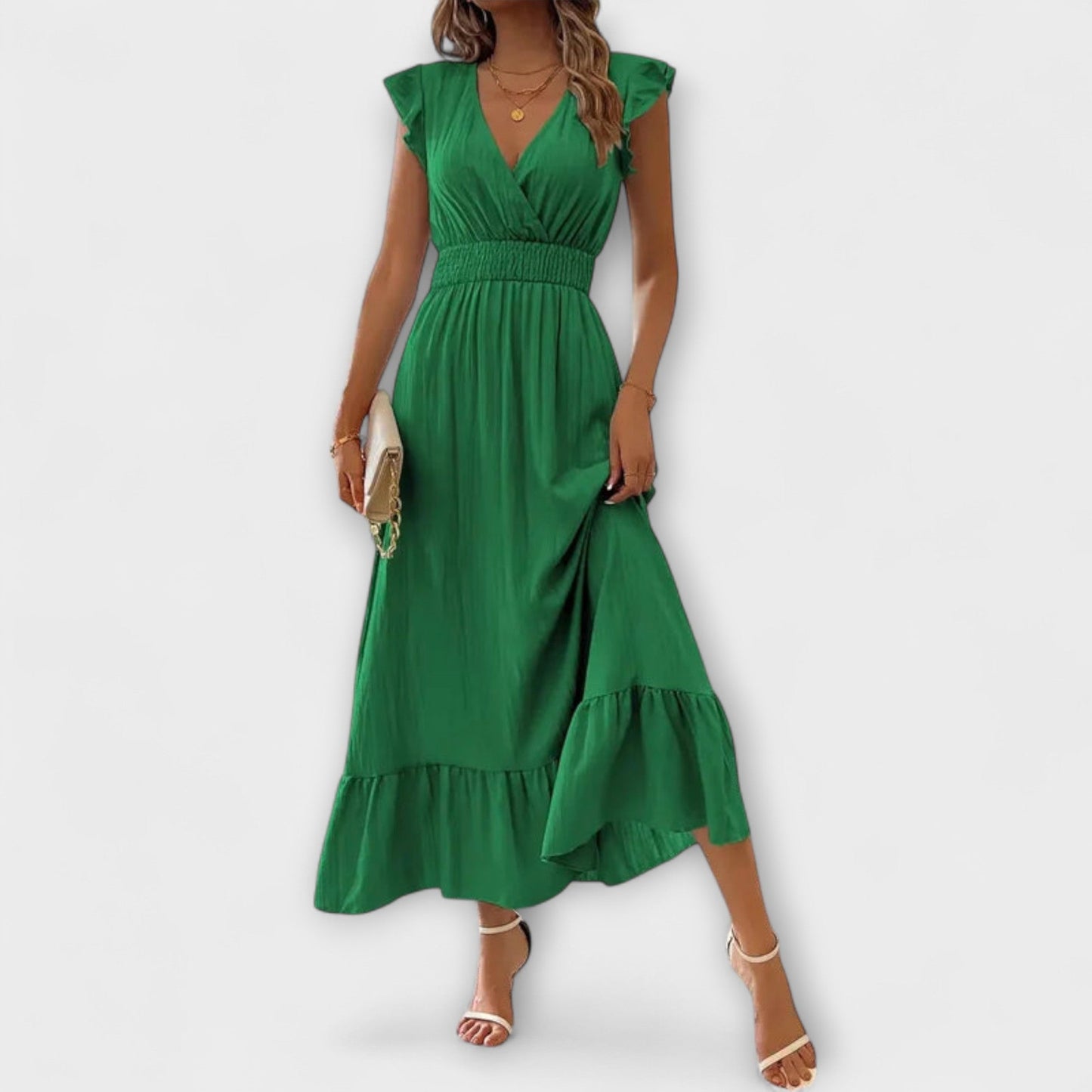 Klara - Maxikleid mit geüschten Ärmeln und tiefem V-Ausschnitt