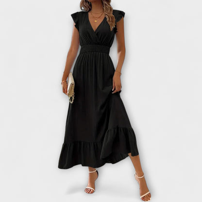 Klara - Maxikleid mit geüschten Ärmeln und tiefem V-Ausschnitt
