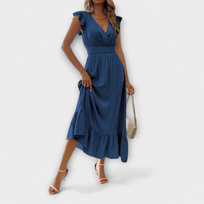 Klara - Maxikleid mit geüschten Ärmeln und tiefem V-Ausschnitt