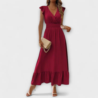 Klara - Maxikleid mit geüschten Ärmeln und tiefem V-Ausschnitt