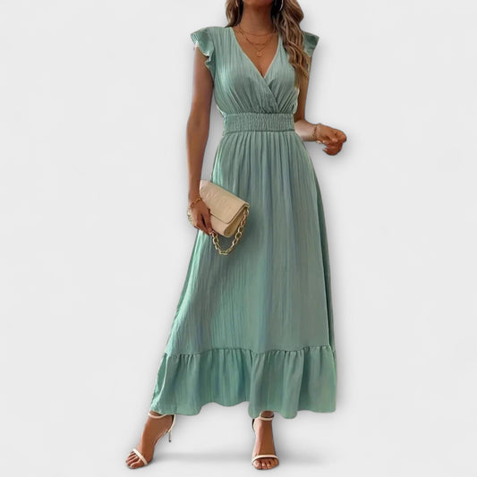 Klara - Maxikleid mit geüschten Ärmeln und tiefem V-Ausschnitt