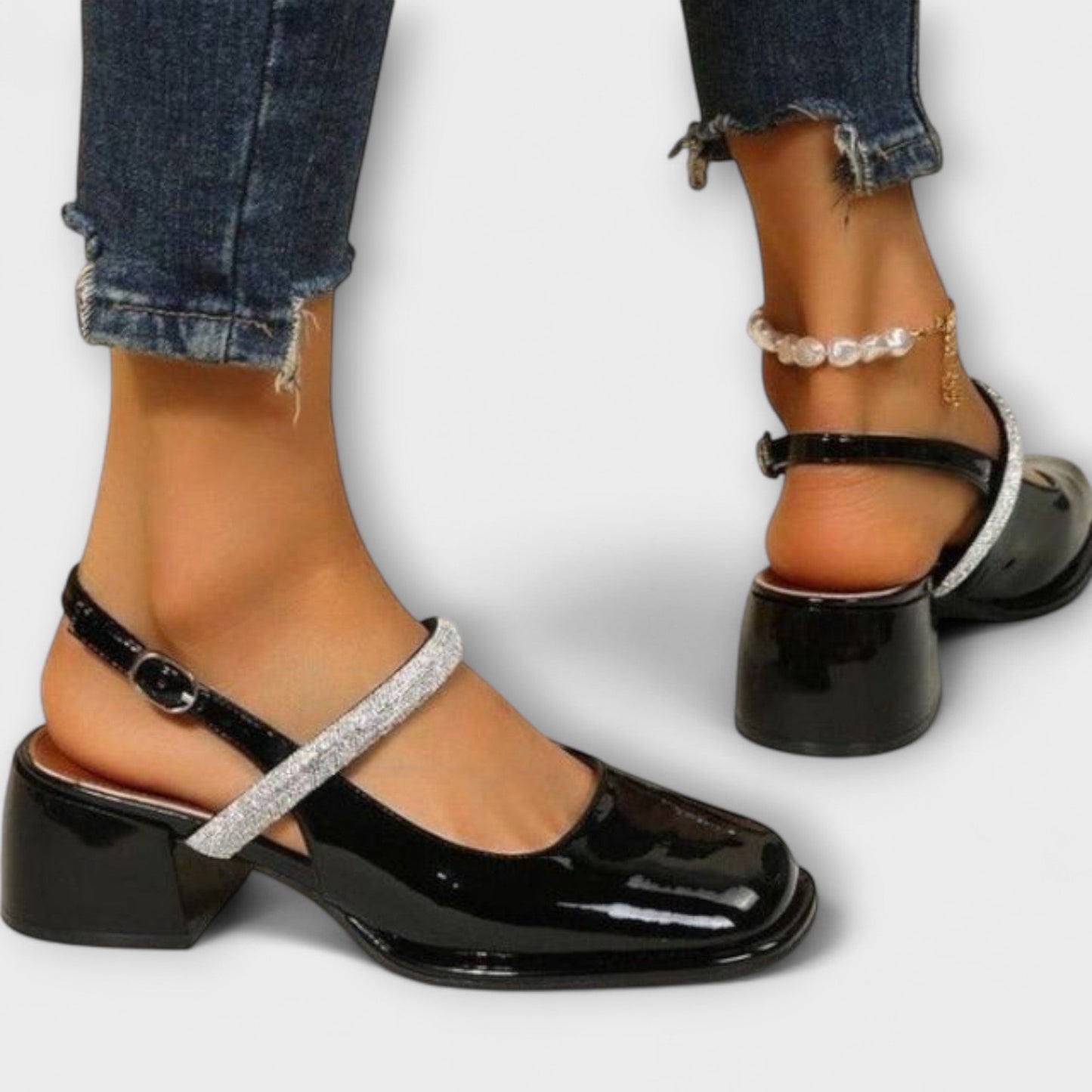 Danach - Mary Janes mit Glitzer-Riemen und Blockabsatz 