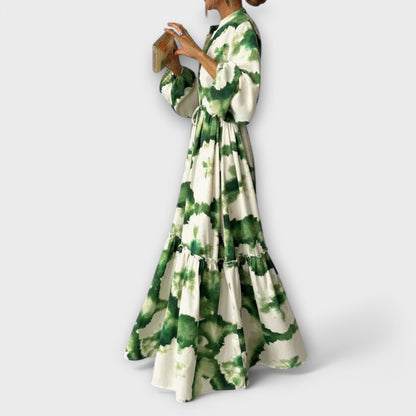 Paula - Grünes Maxi-Kleid mit langen Ärmeln und V-Ausschnitt 