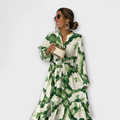 Paula - Grünes Maxi-Kleid mit langen Ärmeln und V-Ausschnitt 
