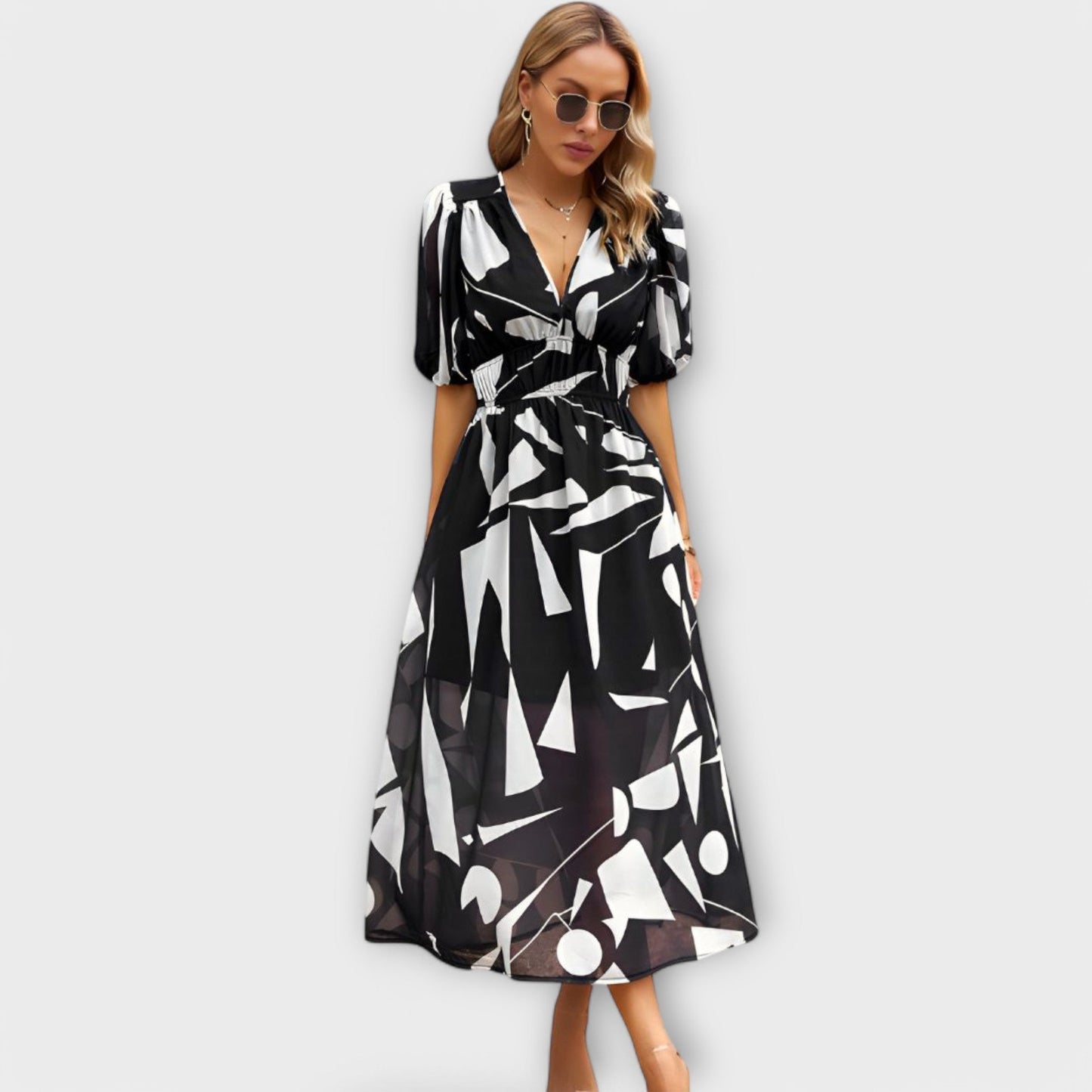 Rosa - Abstraktes Maxi-Kleid mit Puffärmeln 
